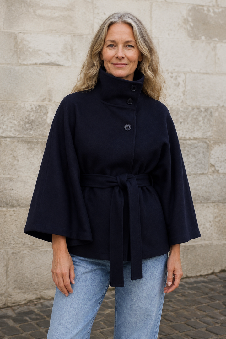 Wool blend belted cape coat closed