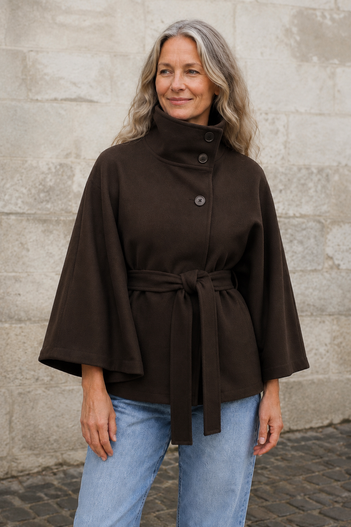 Wool Blend Belted Cape Coat - Dark Brown
