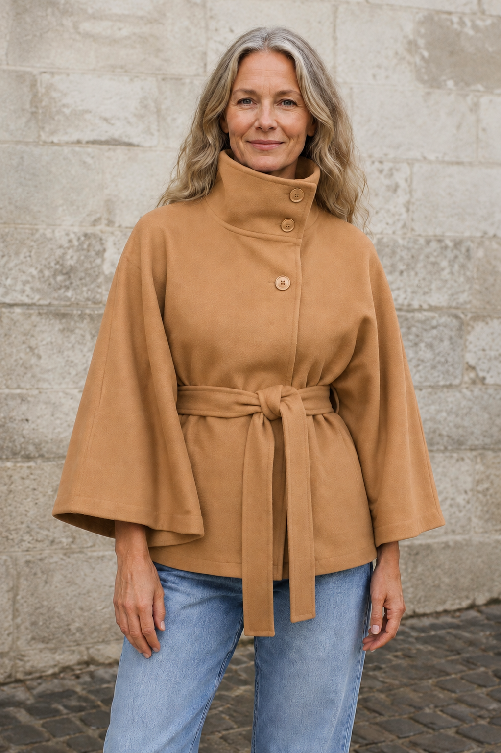 Wool Blend Belted Cape Coat - Khaki