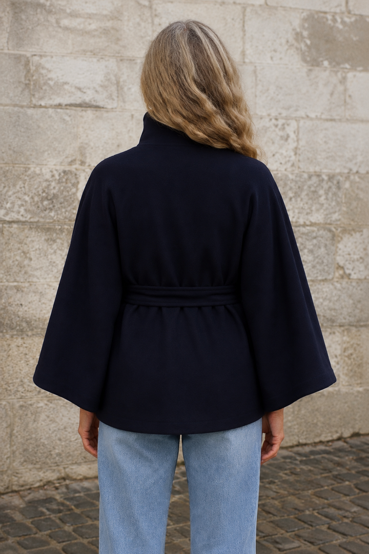 Wool Blend Belted Cape Coat - Navy