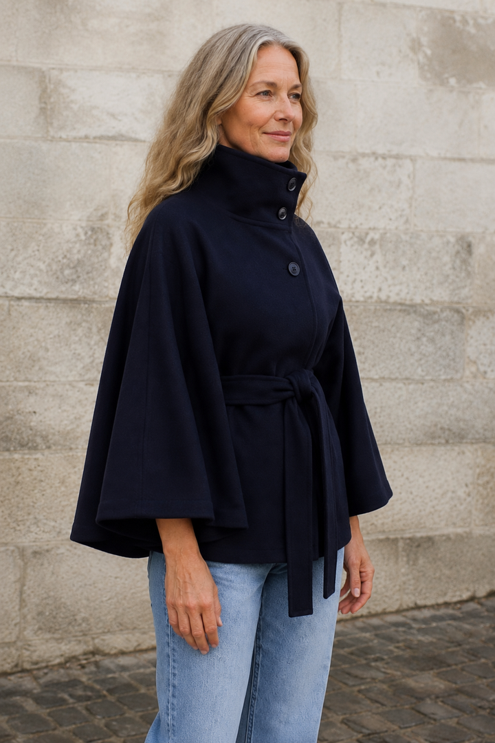 Wool Blend Belted Cape Coat - Navy