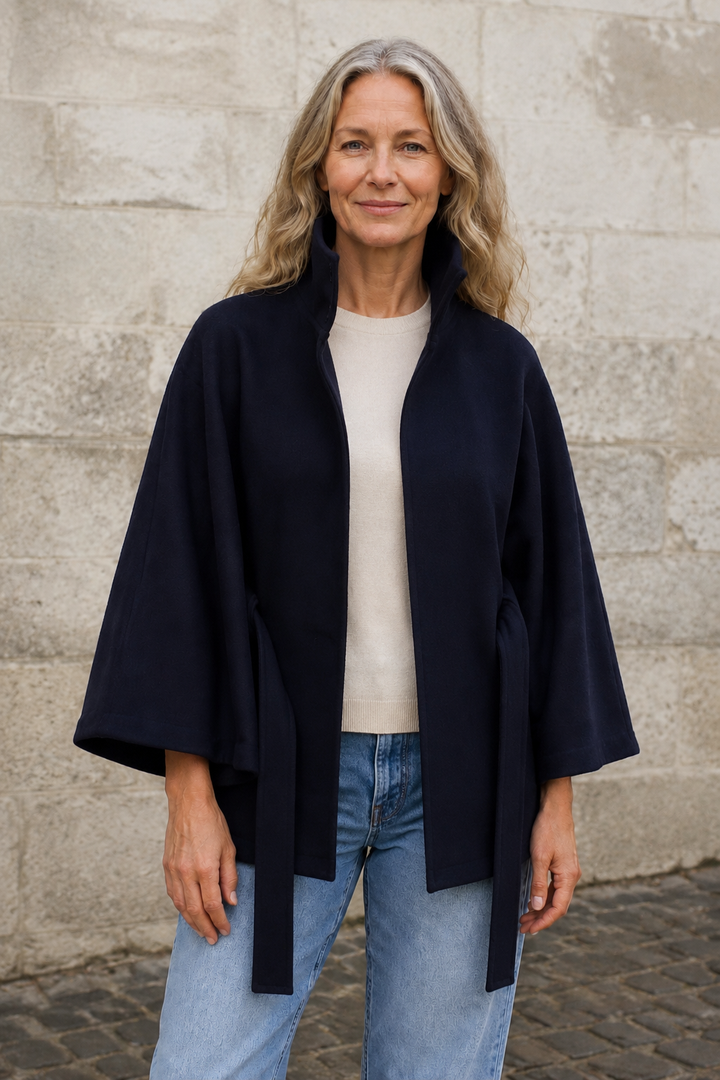 Wool blend belted cape coat open