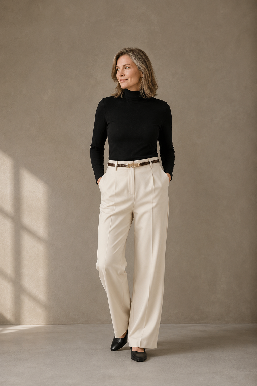 White Wool Blend Belted Wide Leg Trousers on a mature woman against a charcoal taupe wall