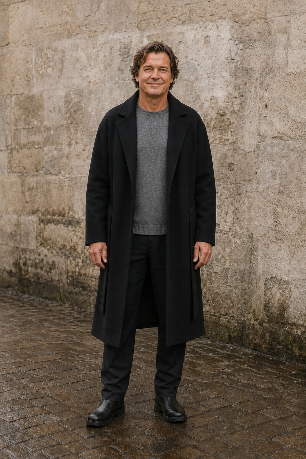 Men's Wool Blend Belted Wrap Coat - hero open