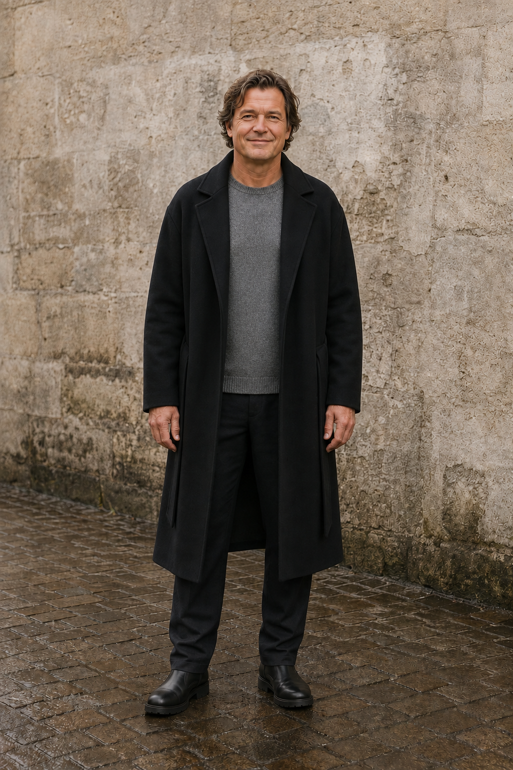 Men's Wool Blend Belted Wrap Coat - hero open