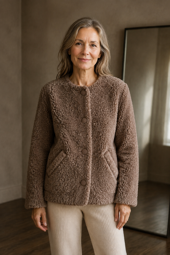 Wool blend faux shearling coat closed