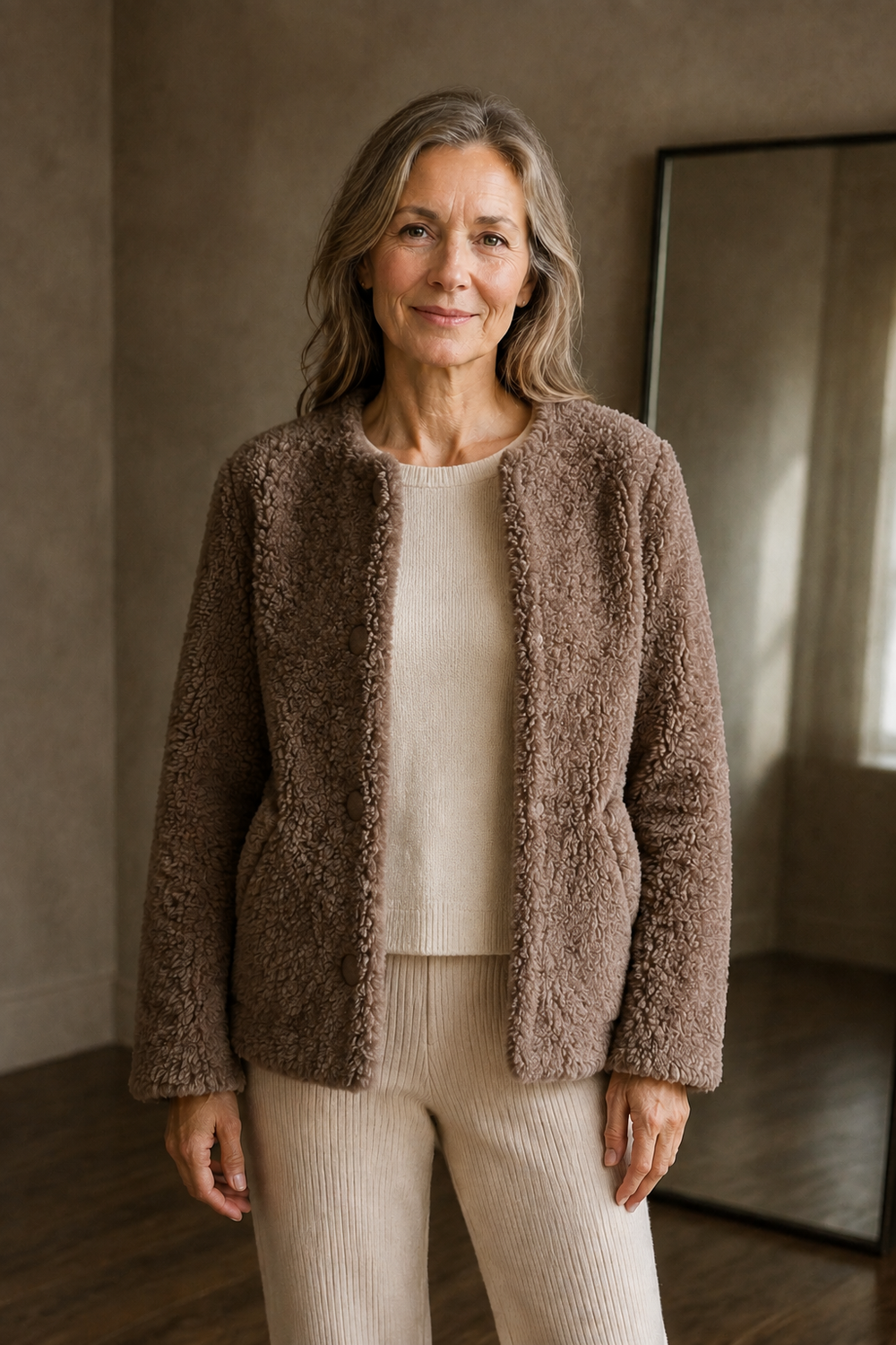 Wool blend faux shearling coat open
