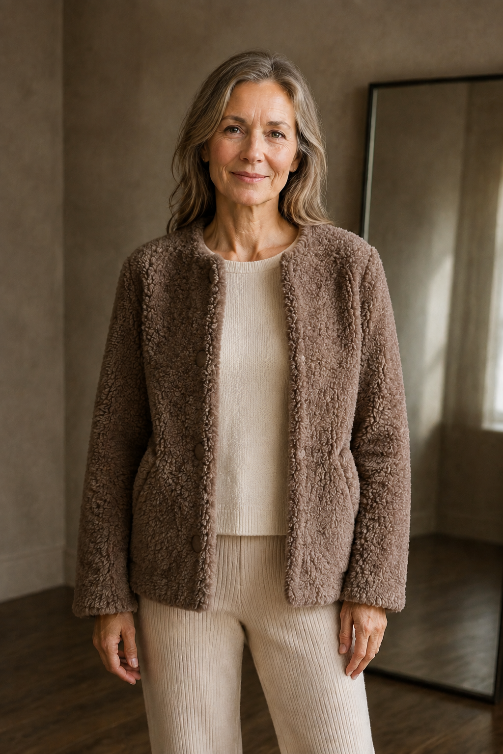 Wool blend faux shearling coat open