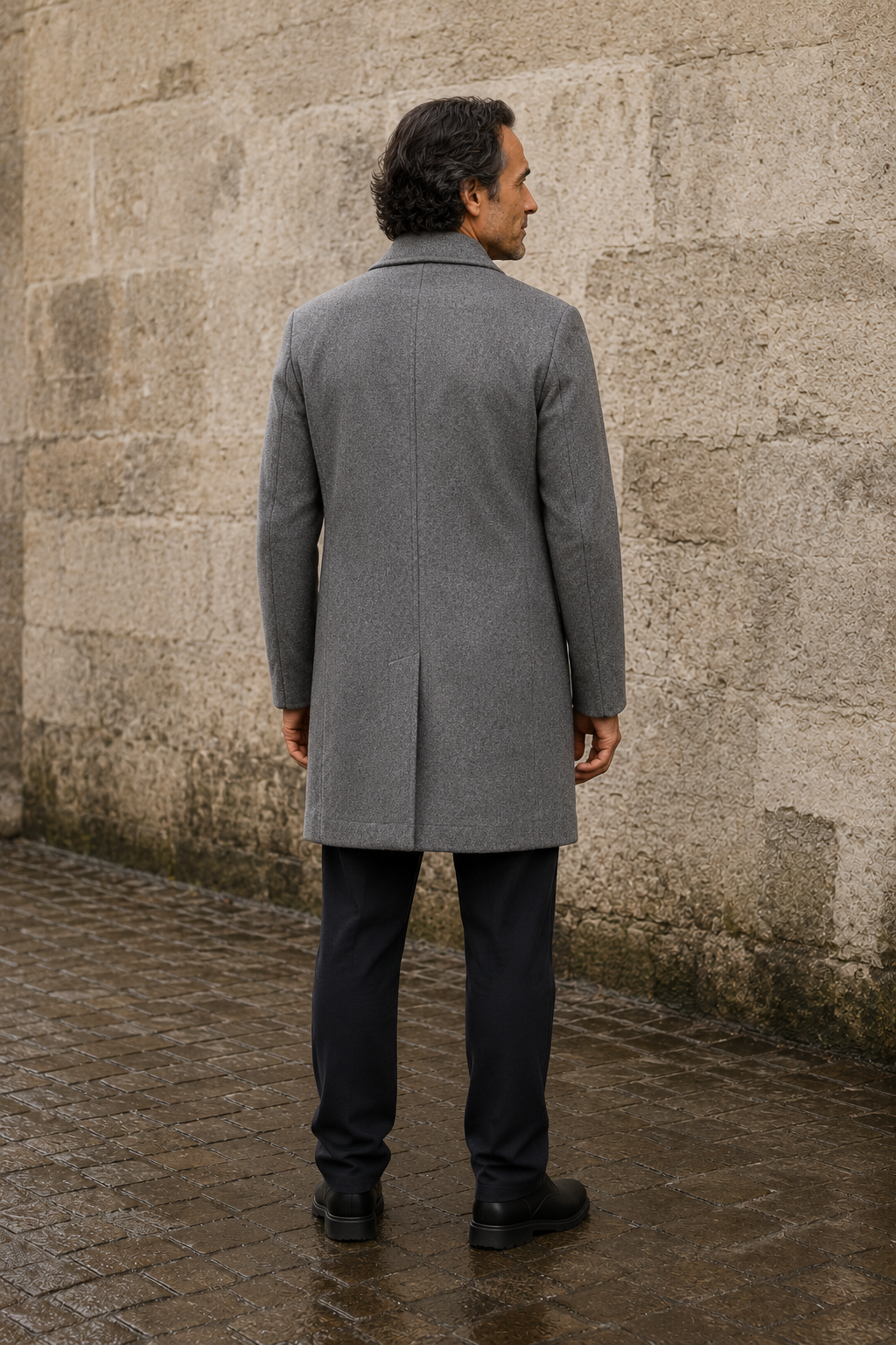 Wool Blend Notch Lapel Long Coat - back
