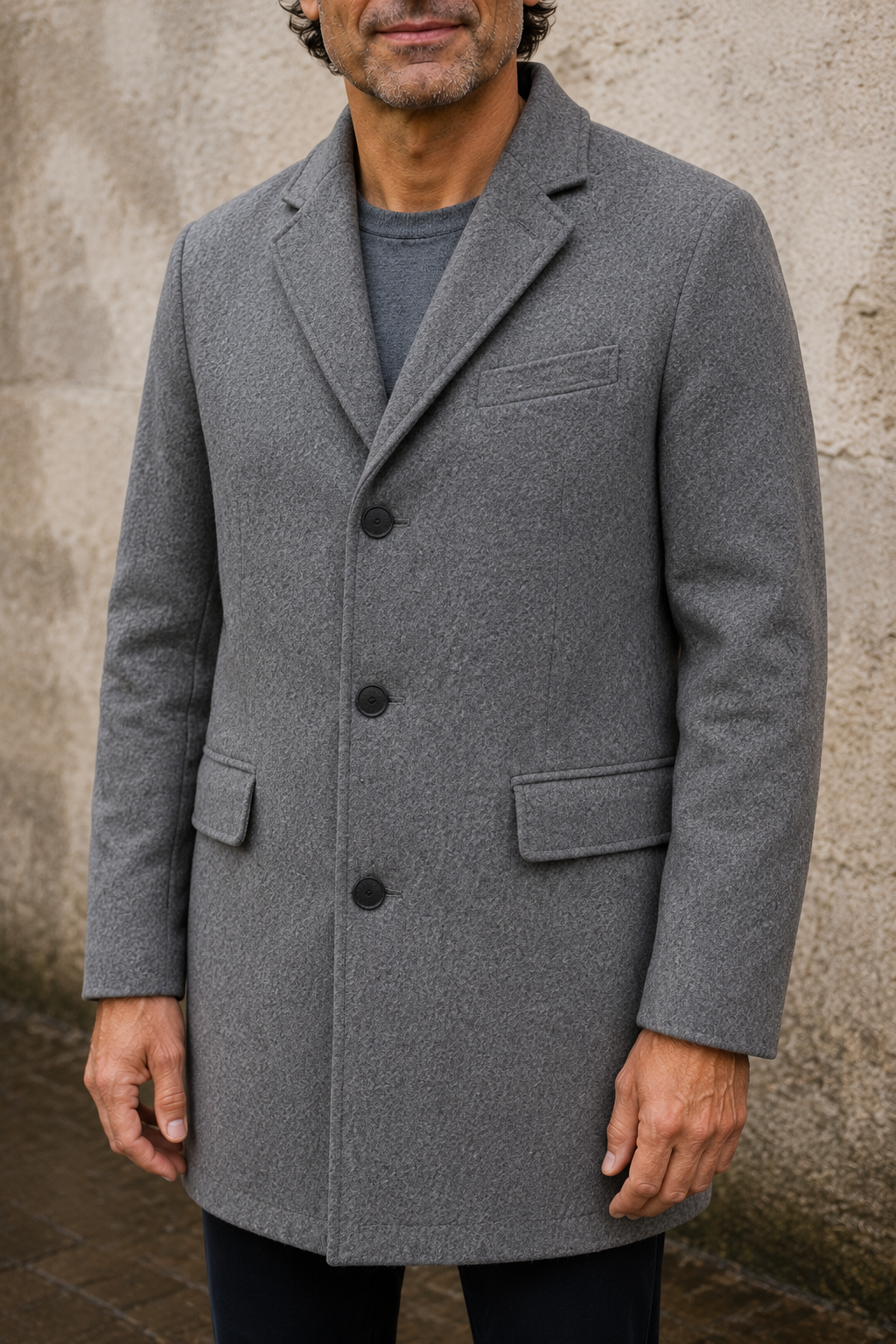 Wool Blend Notch Lapel Long Coat - close-up