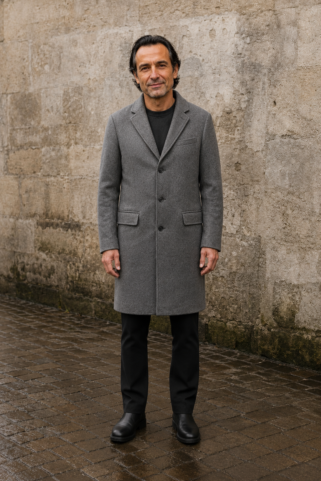 Wool Blend Notch Lapel Long Coat - hero closed