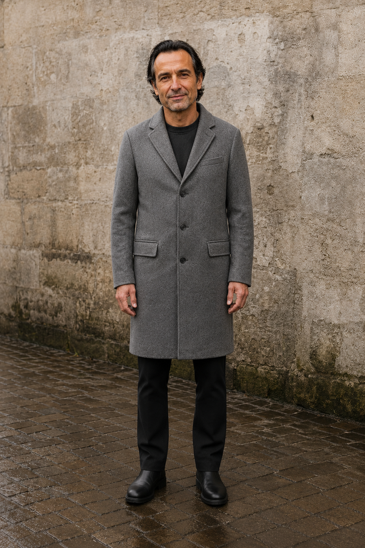 Wool Blend Notch Lapel Long Coat - hero closed