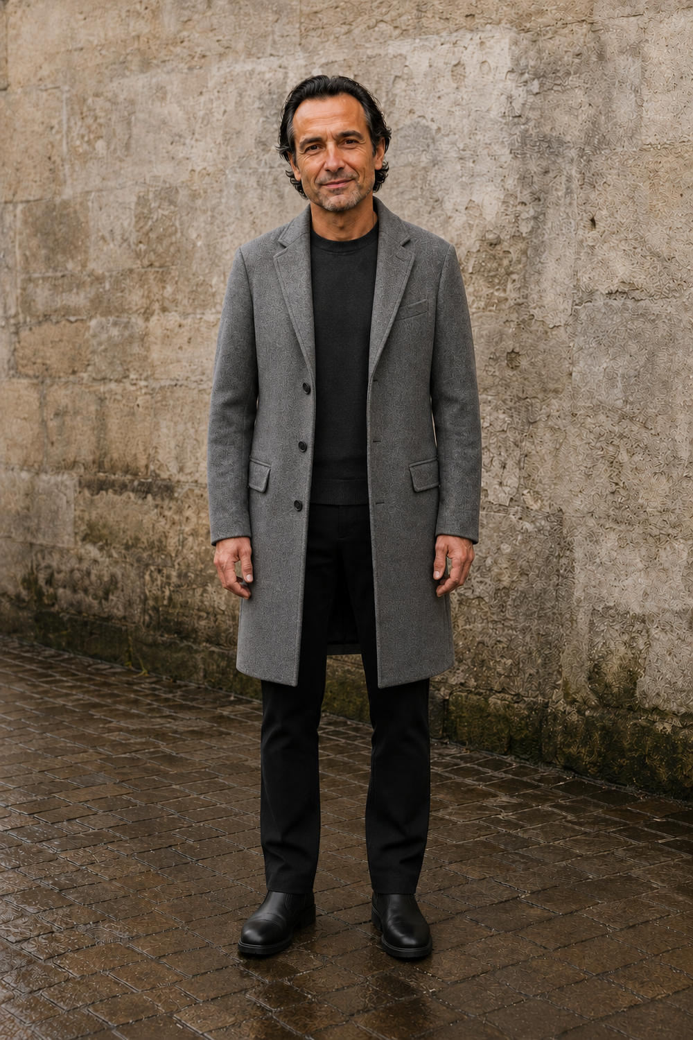 Wool Blend Notch Lapel Long Coat - hero open