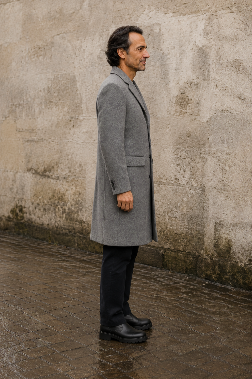 Wool Blend Notch Lapel Long Coat - side