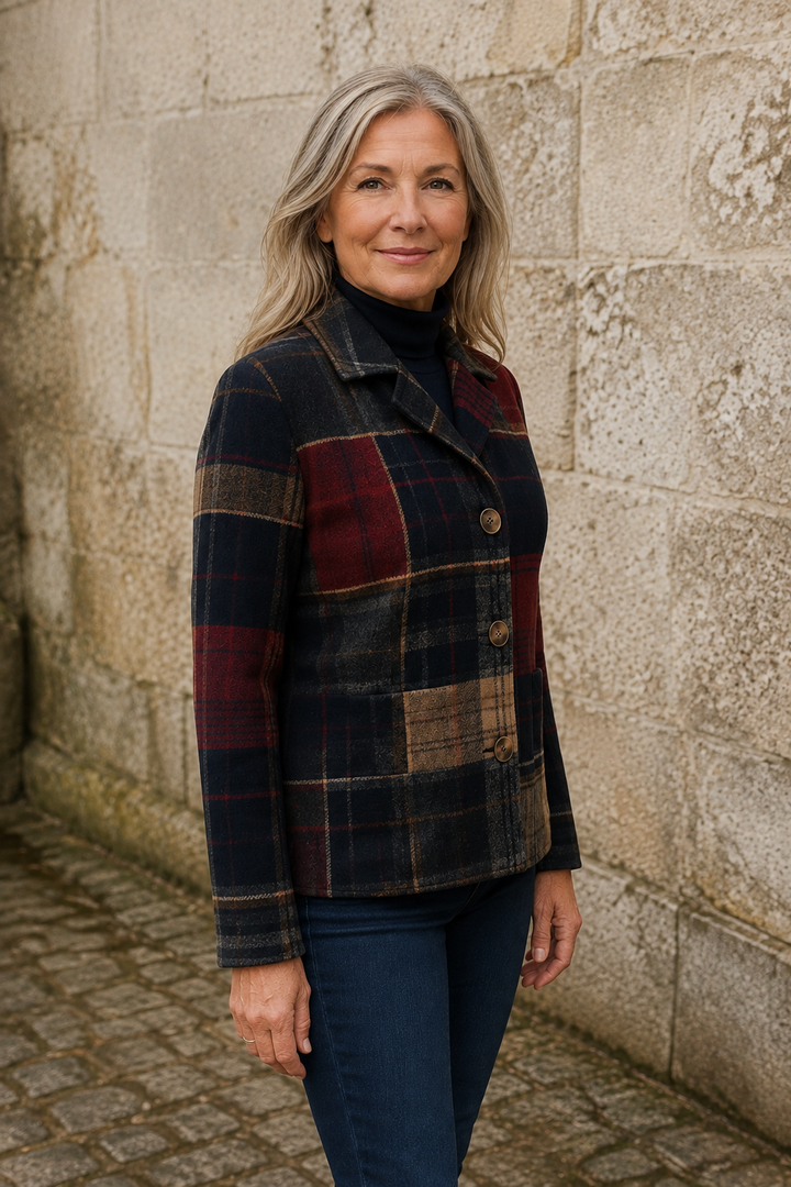 Wool Blend Plaid Jacket - Red Navy