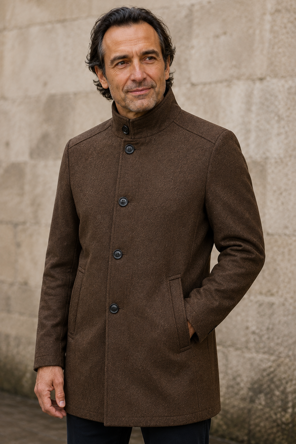 Wool Blend Stand Collar Coat - close-up