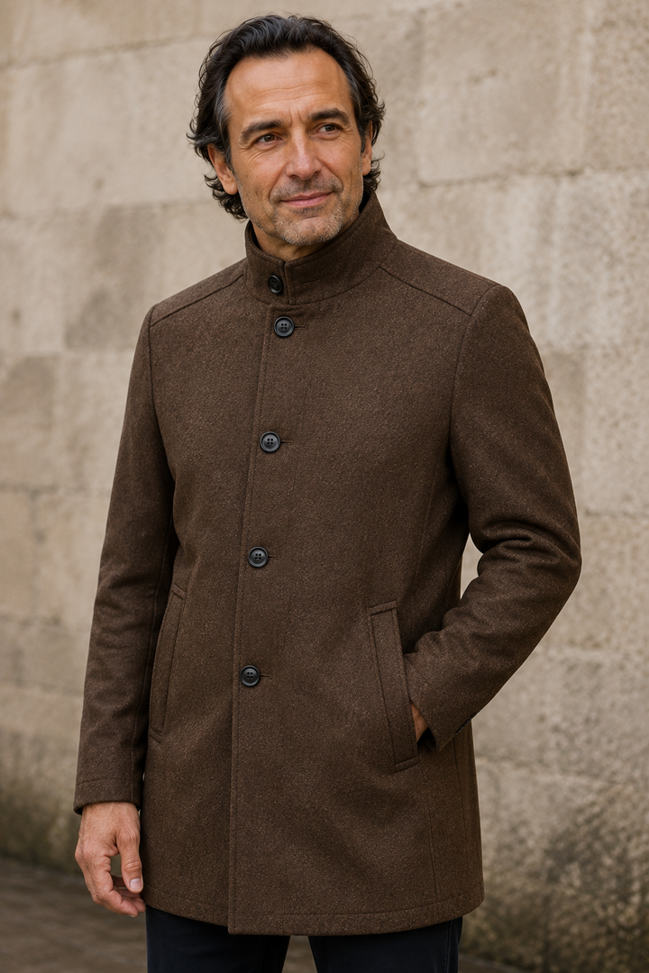 Wool Blend Stand Collar Coat - close-up