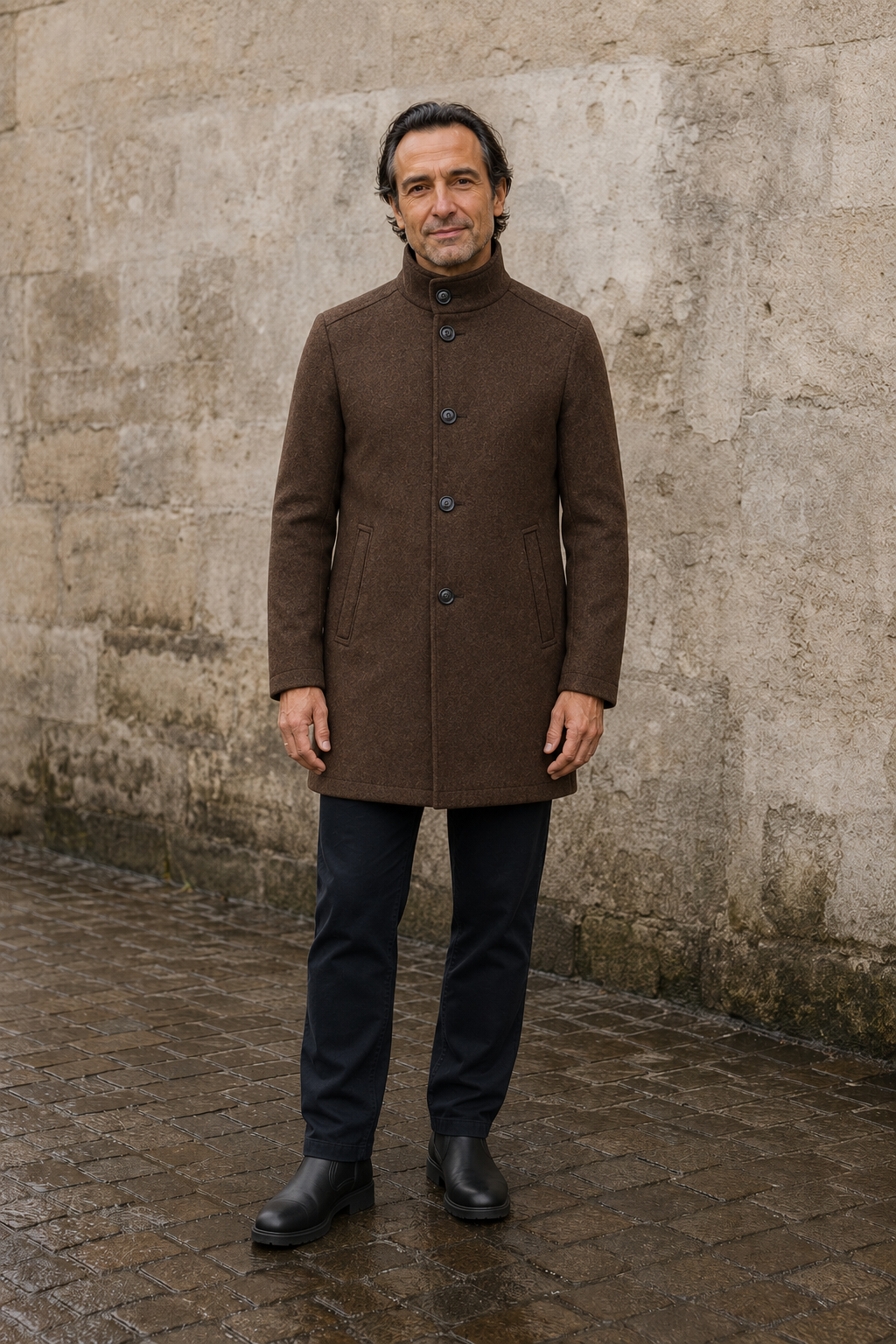 Wool Blend Stand Collar Coat - hero closed