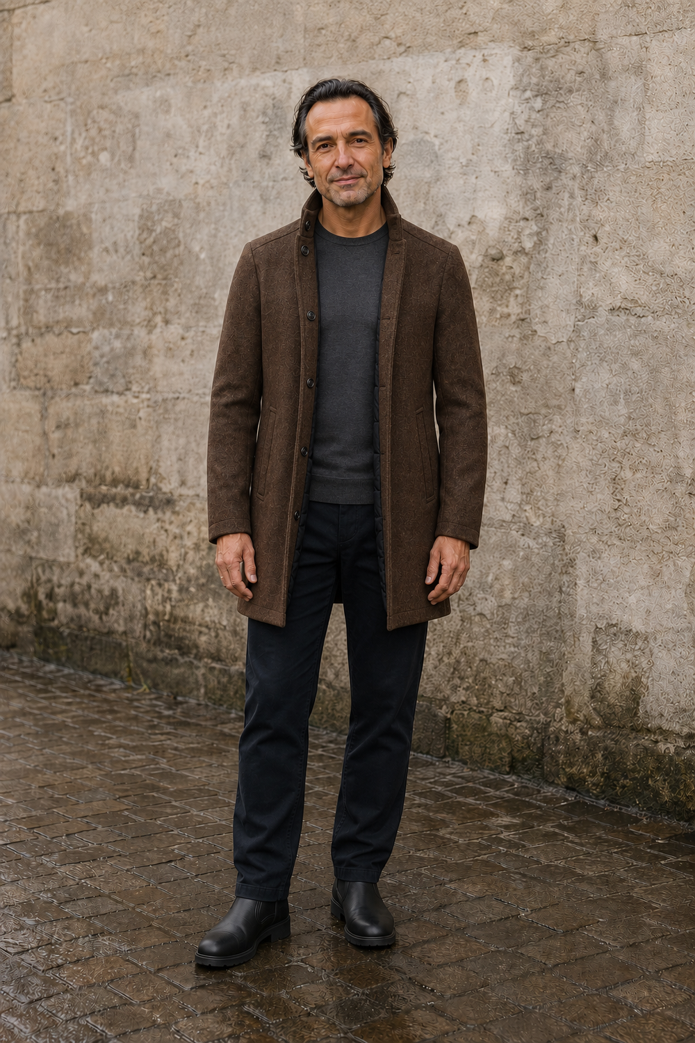 Wool Blend Stand Collar Coat - hero open