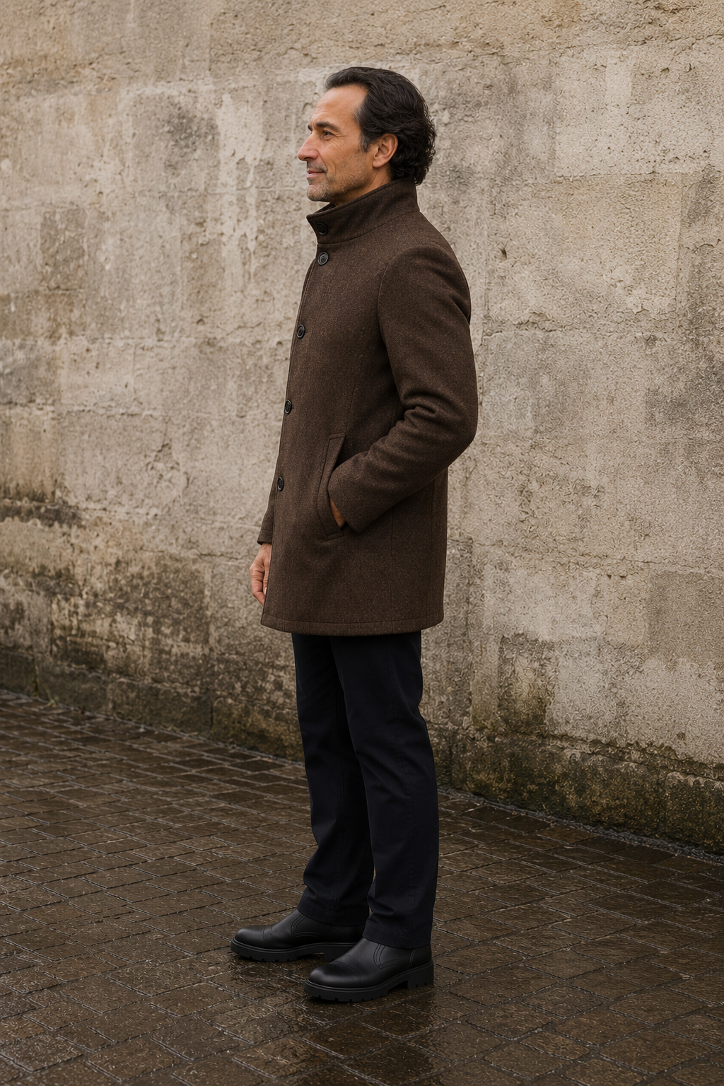 Wool Blend Stand Collar Coat - side view