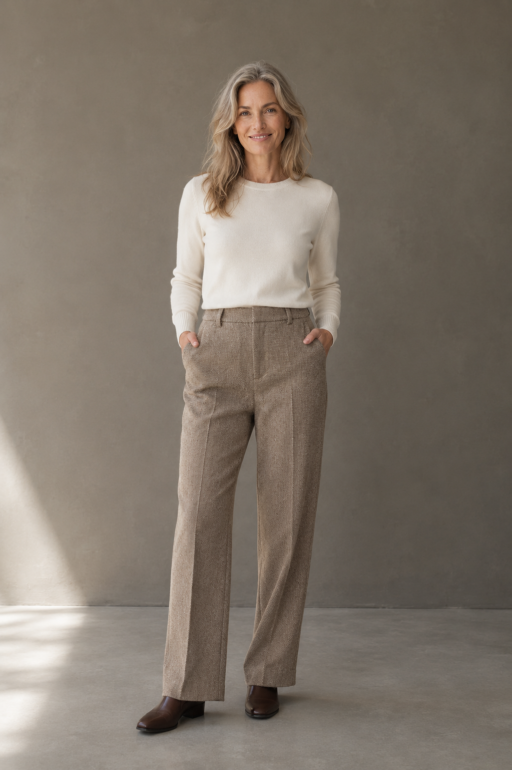 Camel Wool Blend Straight Leg Trousers on a mature woman against a charcoal taupe wall