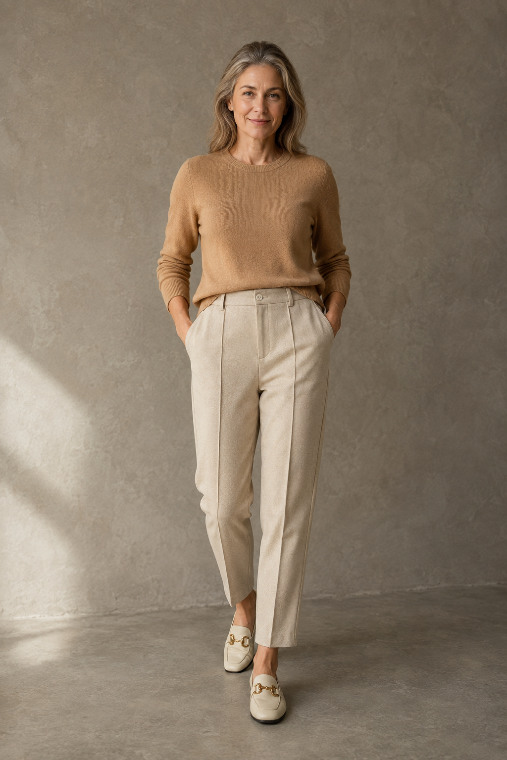 Khaki Wool Blend Tapered Trousers on a mature woman against a charcoal taupe wall