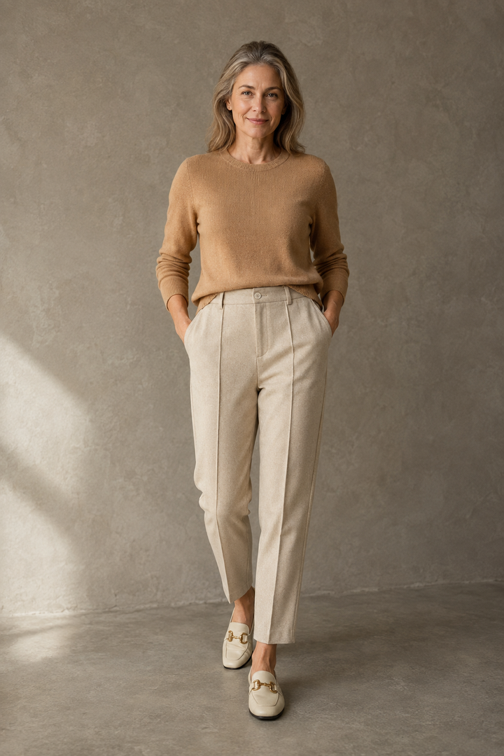 Khaki Wool Blend Tapered Trousers on a mature woman against a charcoal taupe wall
