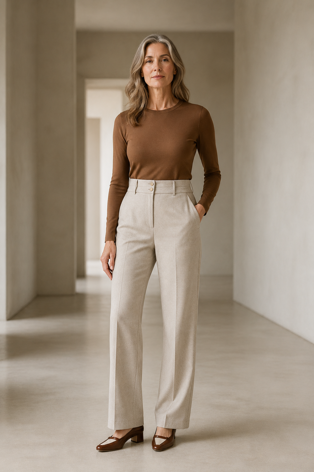 Wool Blend Wide Leg Trousers on a mature woman in an empty hallway