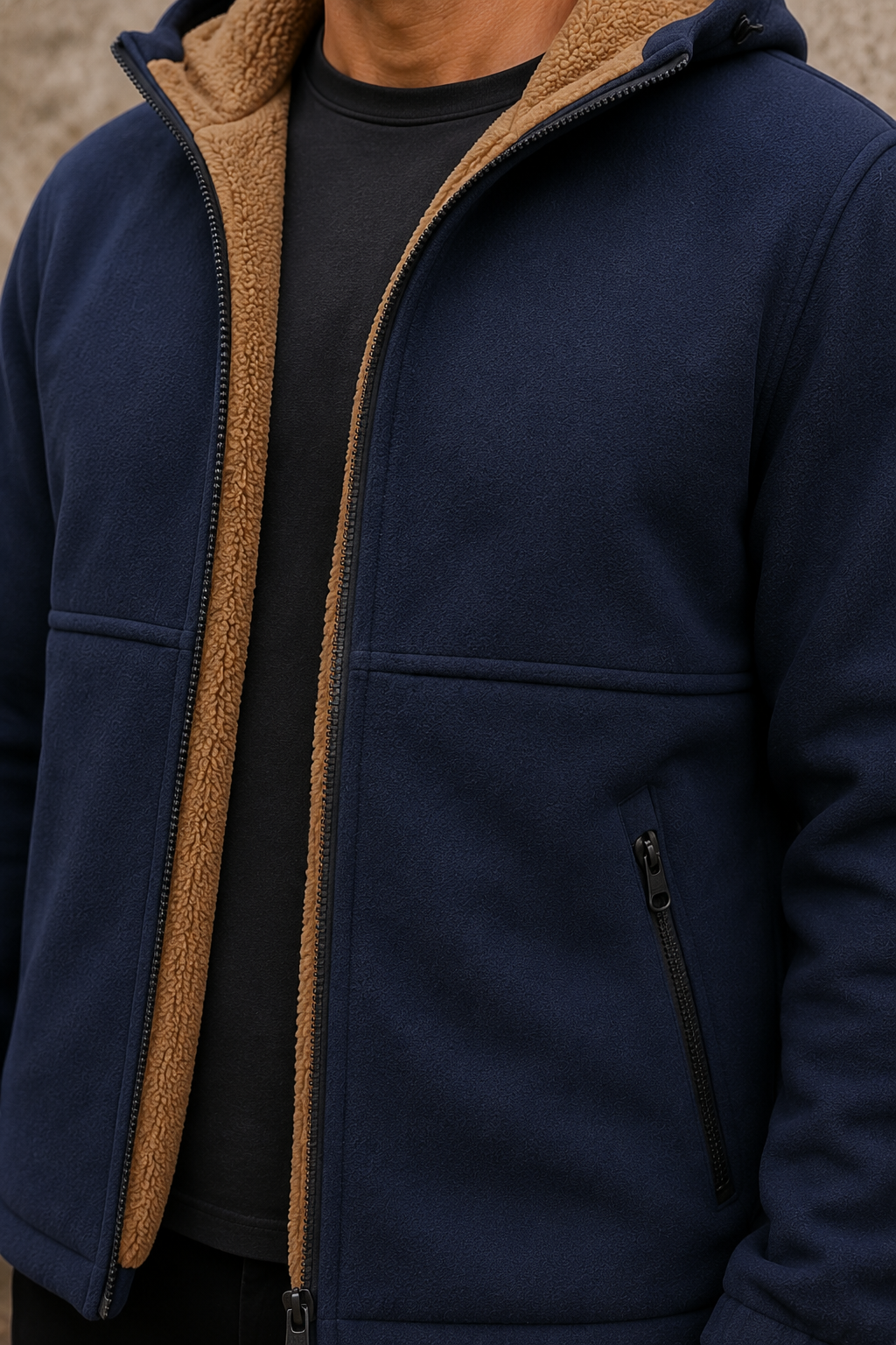 Wool Fleece Lined Hooded Jacket - closeup
