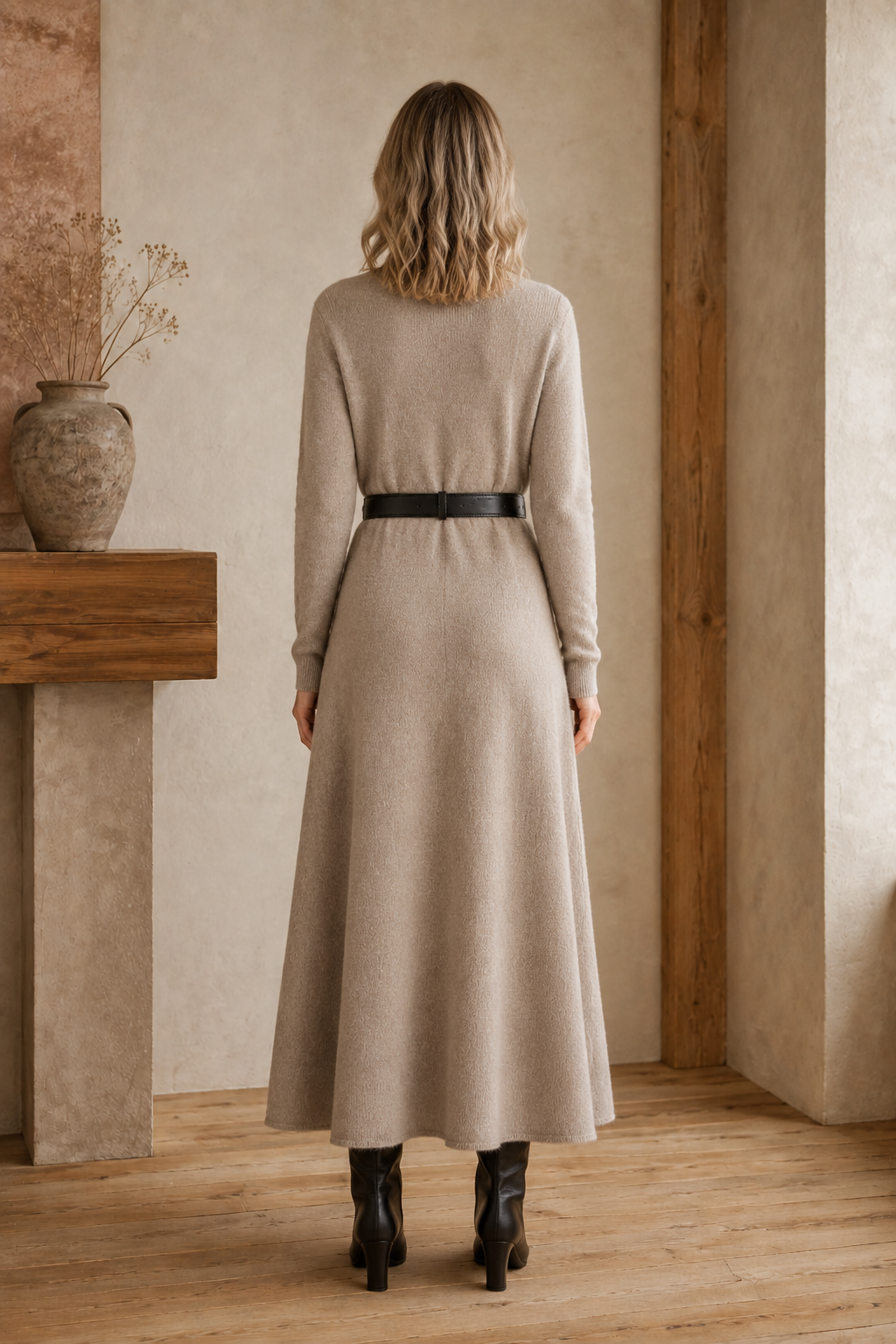 Wool Half Turtleneck Midi Dress back view