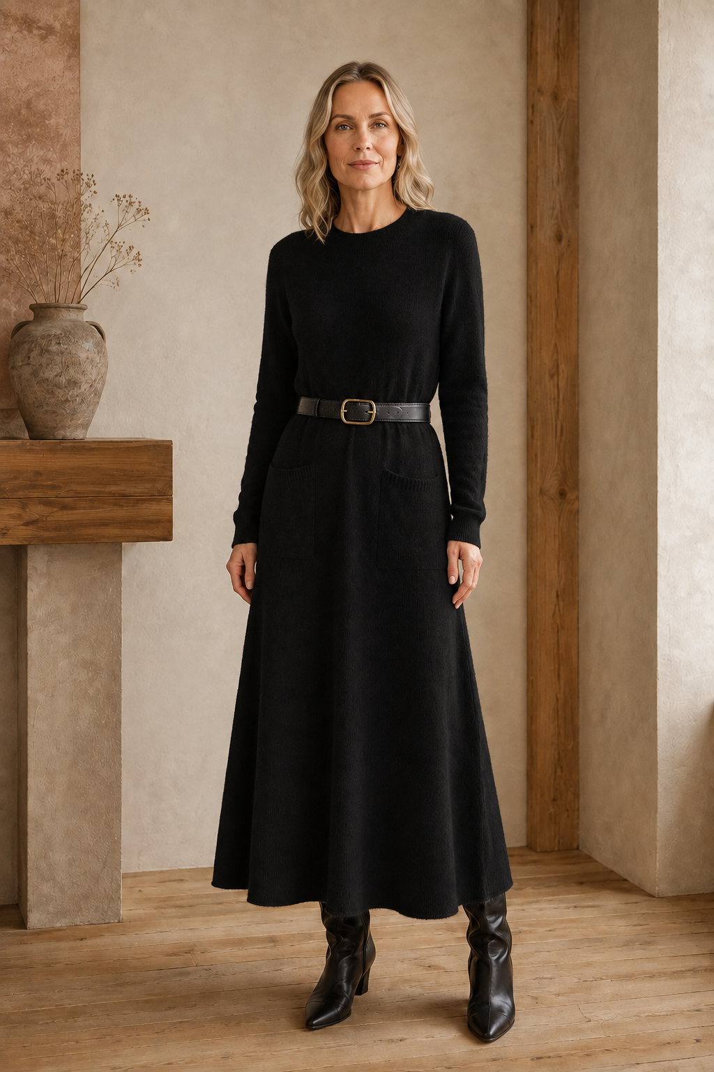 Wool Half Turtleneck Midi Dress - Black
