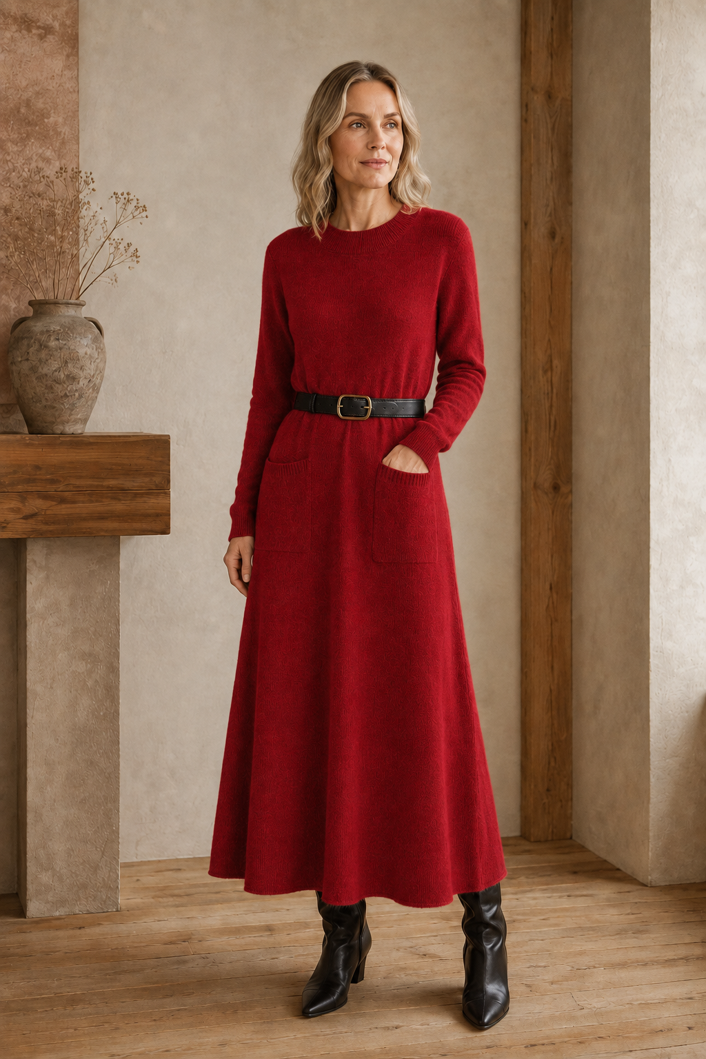 Wool Half Turtleneck Midi Dress - Maroon
