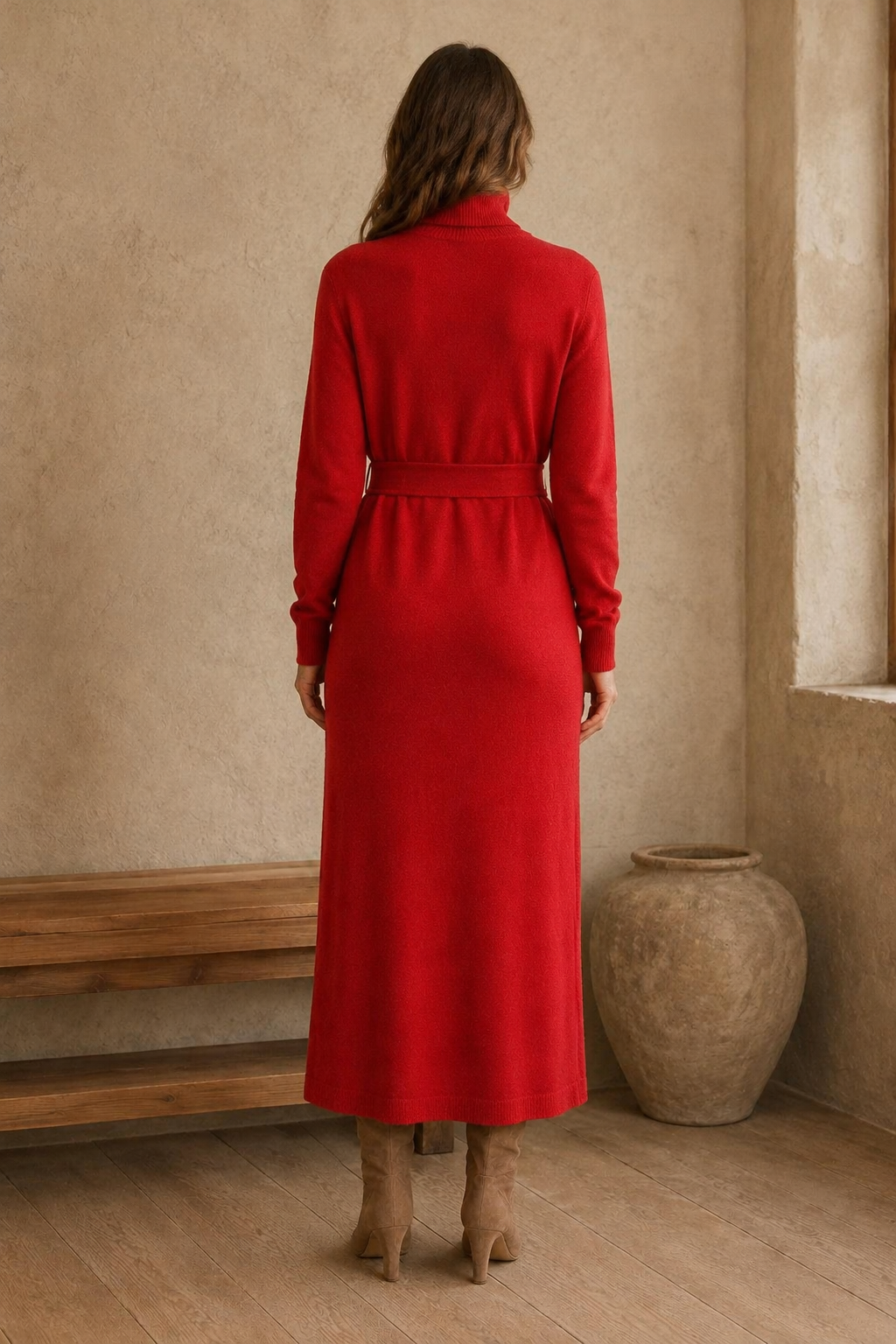 Wool Knit High Neck Dress back view