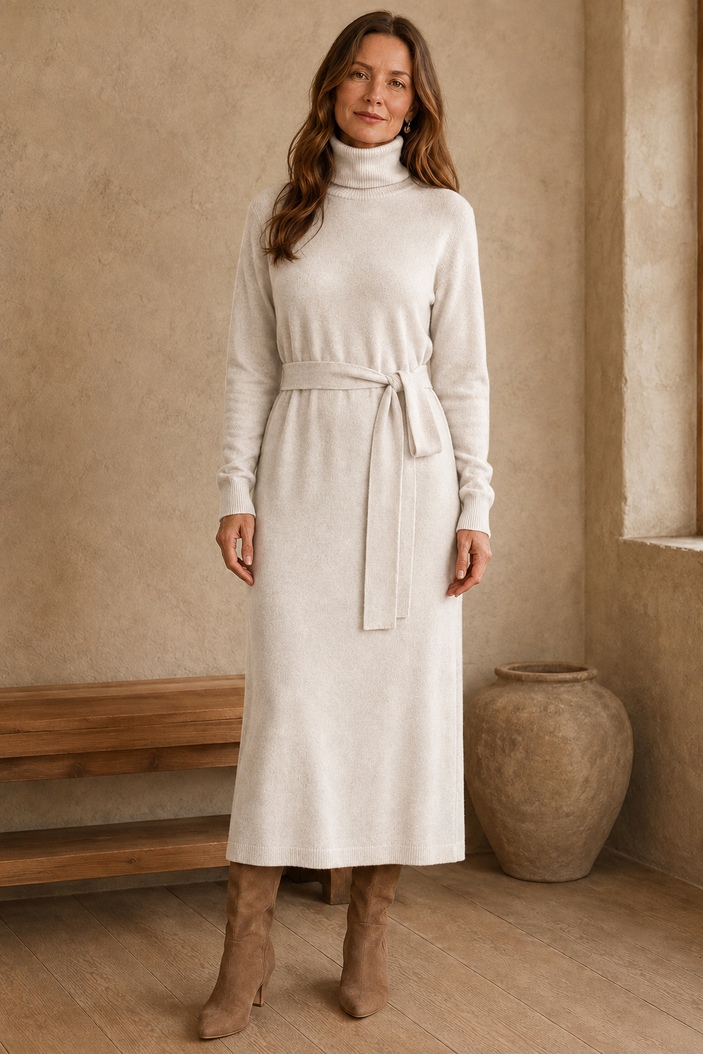 Wool Knit High Neck Dress - Beige