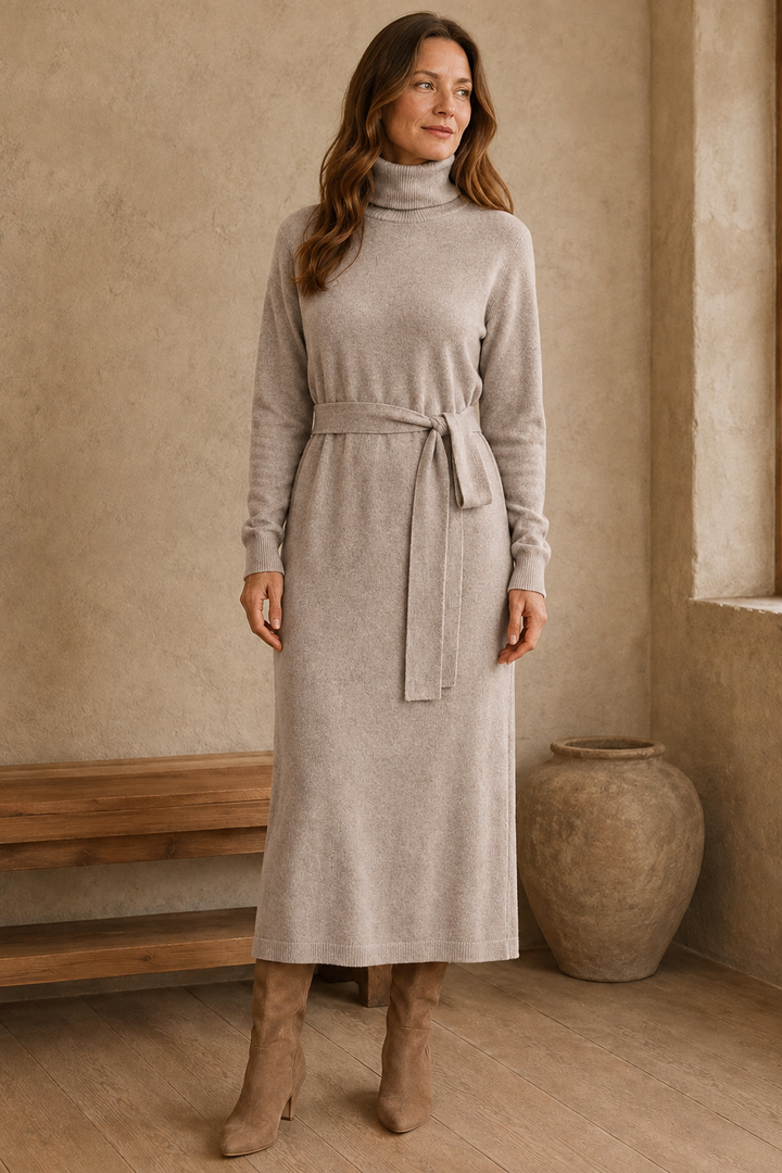 Wool Knit High Neck Dress - Camel