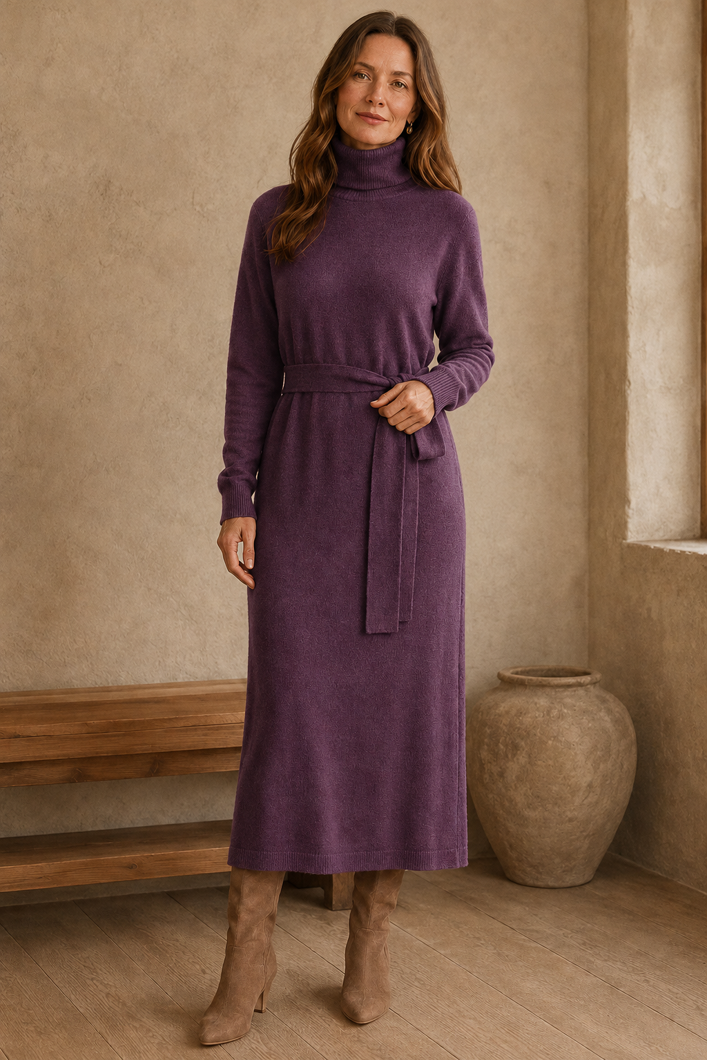 Wool Knit High Neck Dress - Purple