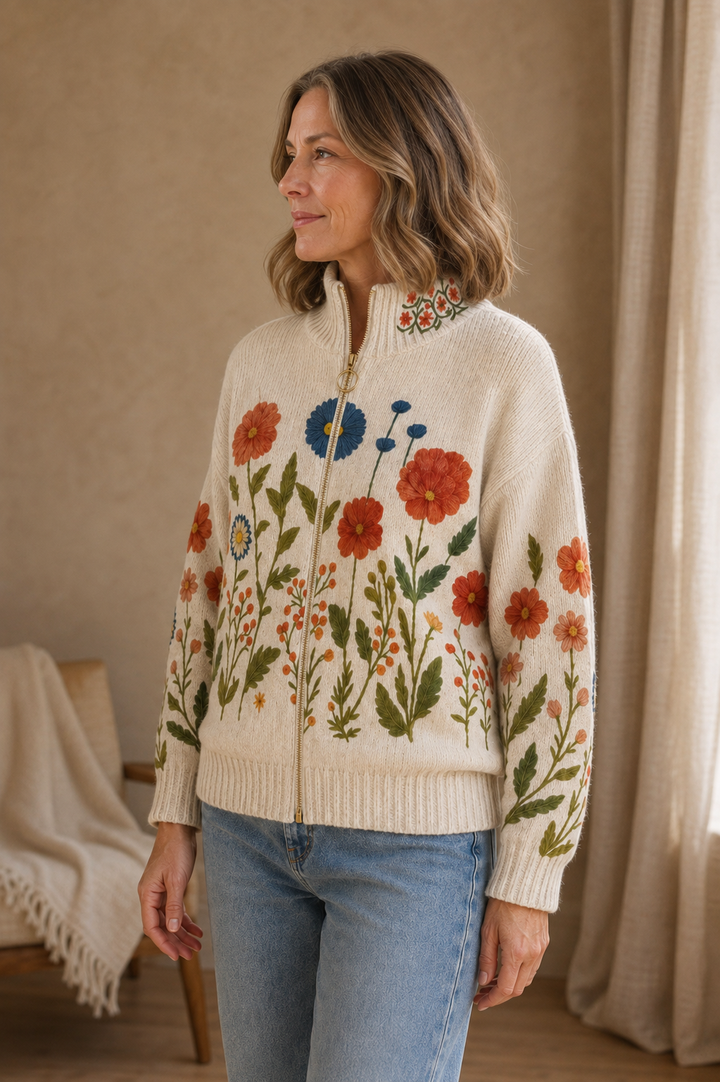 Wrenna™ | Cardigan Zippé Prairie Fleurie - Cream Floral