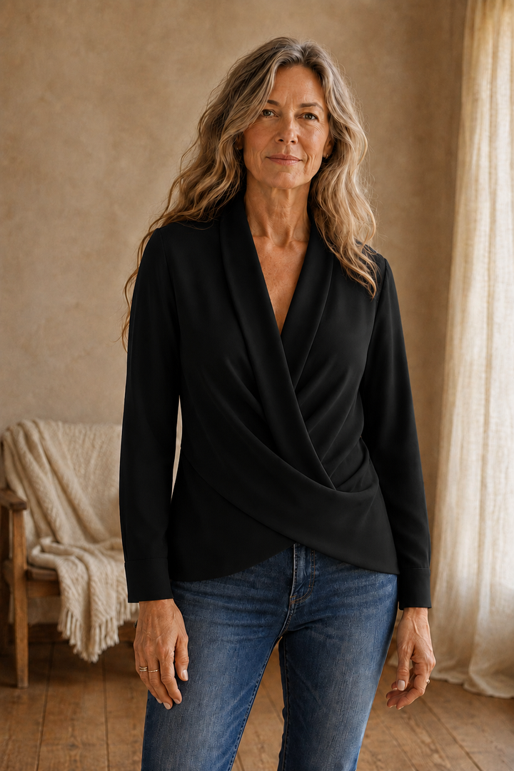 Zerline | Satin Wrap Front Blouse - Black front hero