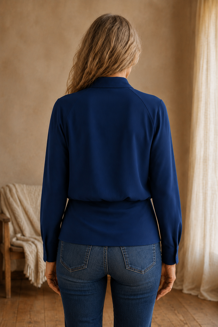 Zerline | Satin Wrap Front Blouse - Blue back view