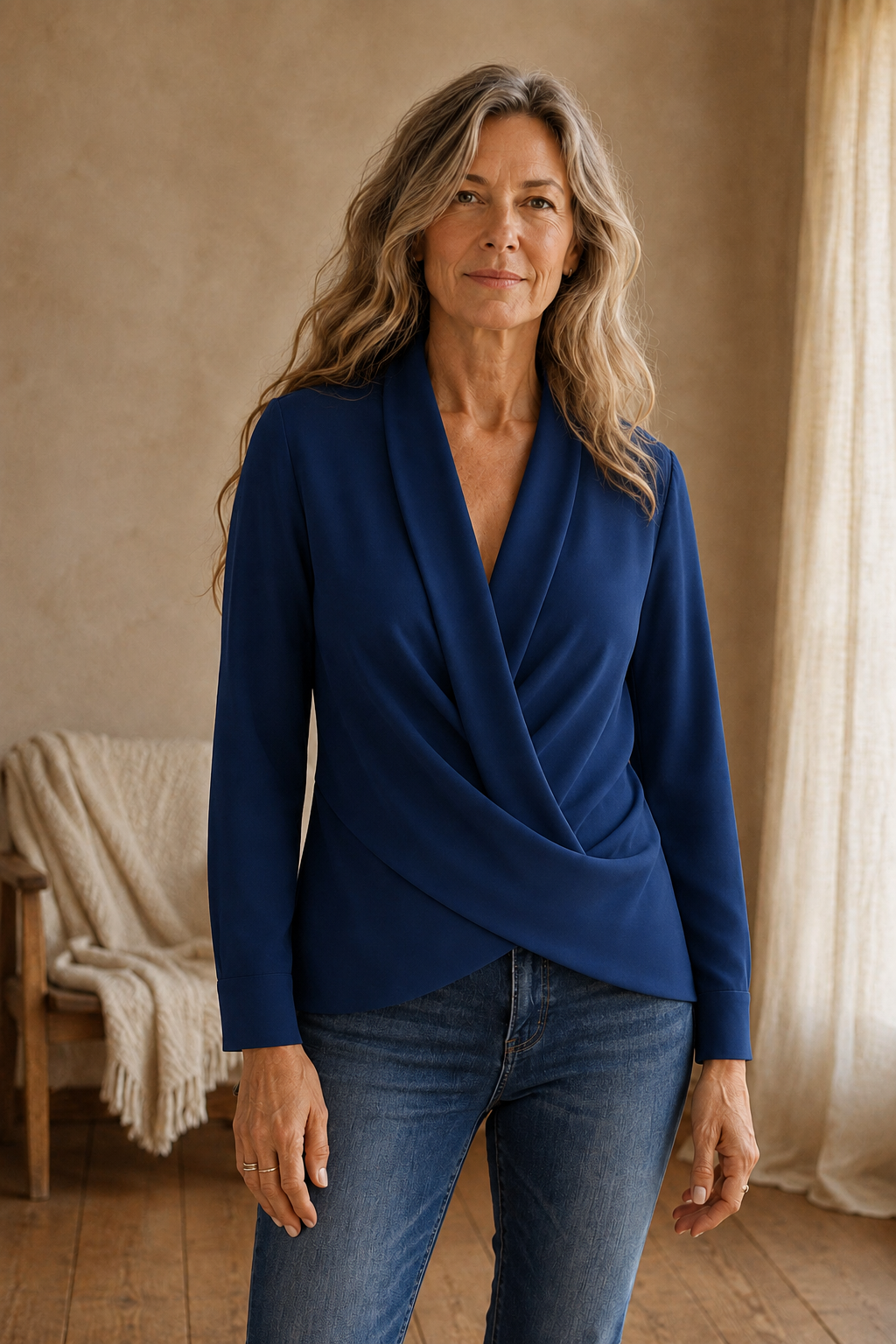 Zerline | Satin Wrap Front Blouse - Blue front hero