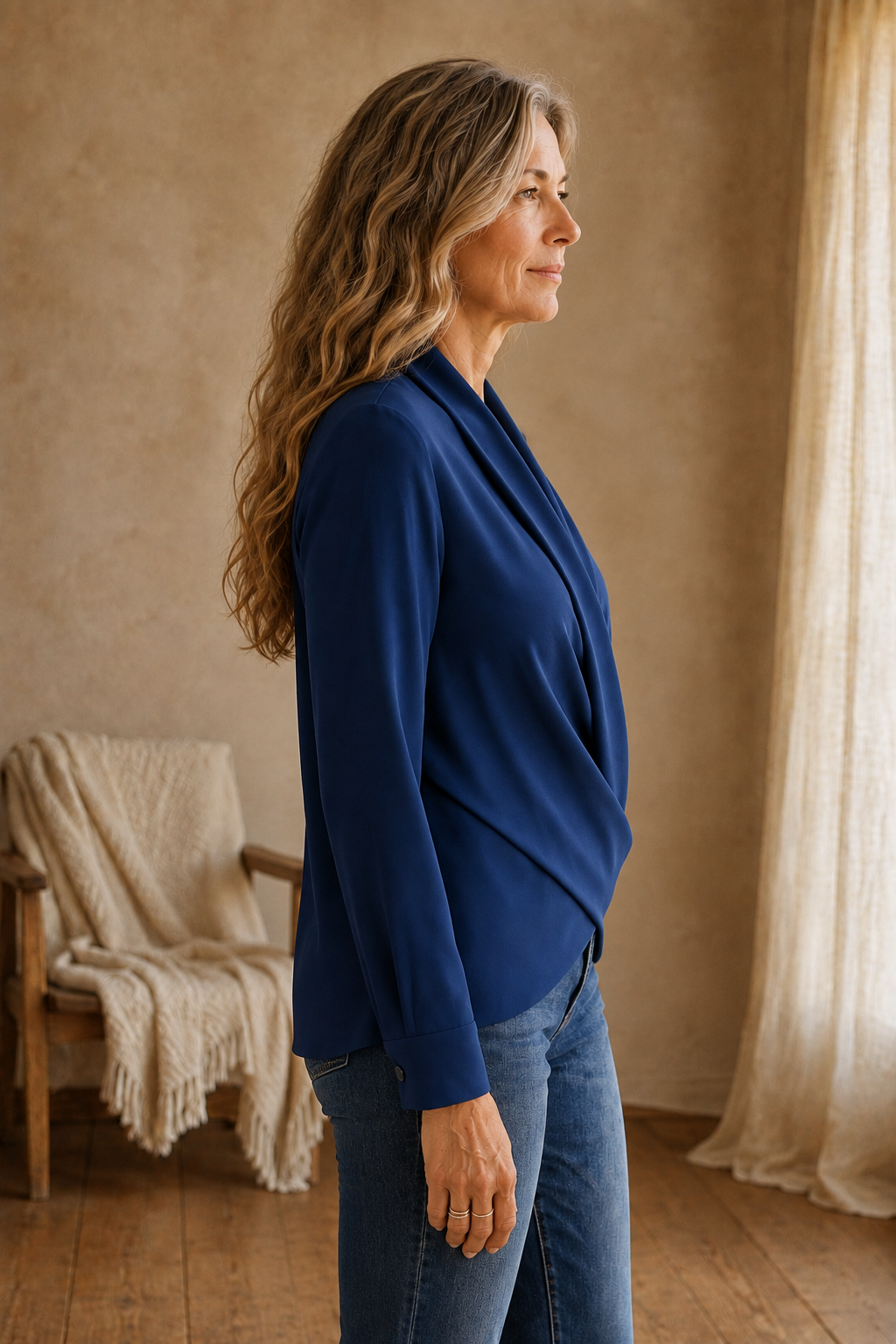 Zerline | Satin Wrap Front Blouse - Blue side view