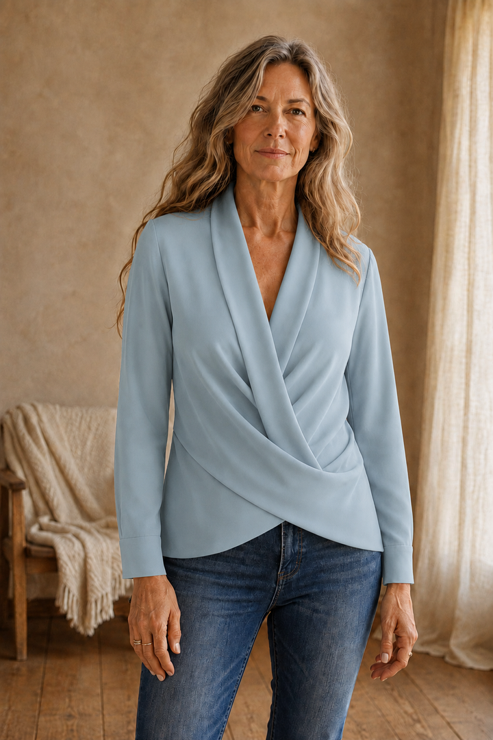Zerline | Satin Wrap Front Blouse - Light Blue front hero