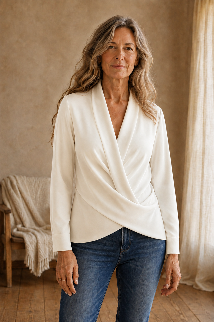 Zerline | Satin Wrap Front Blouse - White front hero