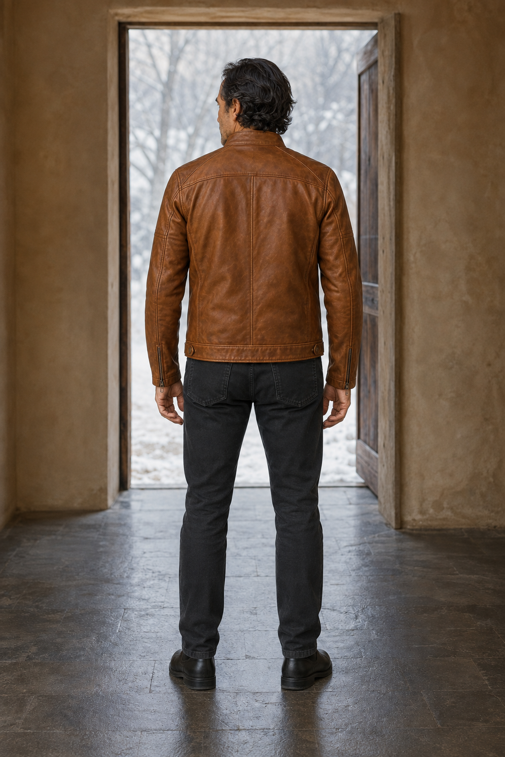Zip Front Leather Biker Jacket - back view