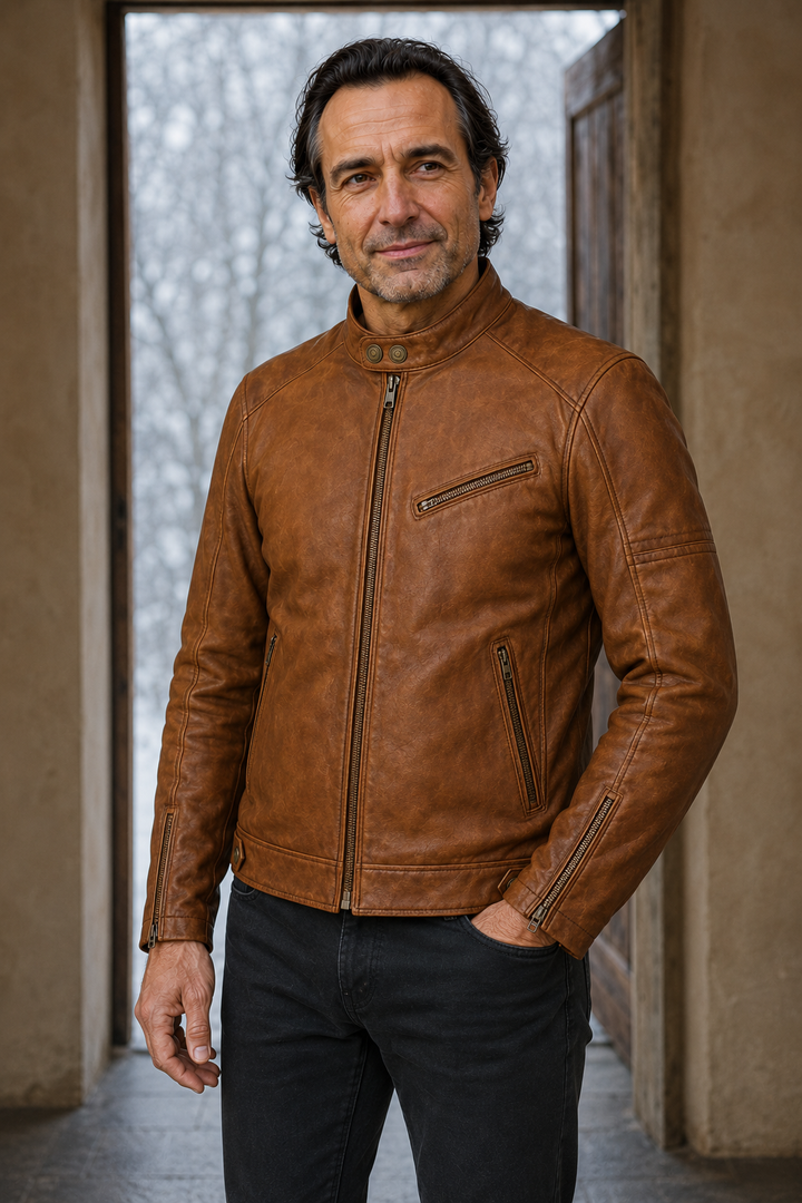 Zip Front Leather Biker Jacket - close-up
