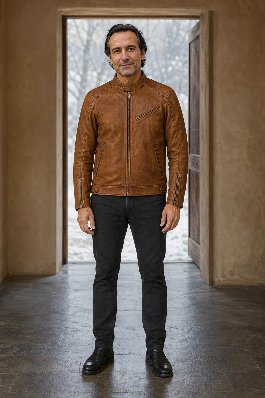 Zip Front Leather Biker Jacket - hero closed