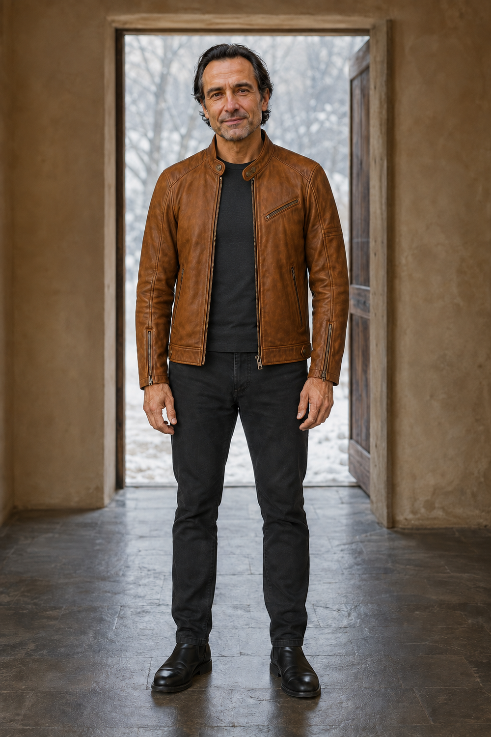Zip Front Leather Biker Jacket - hero open