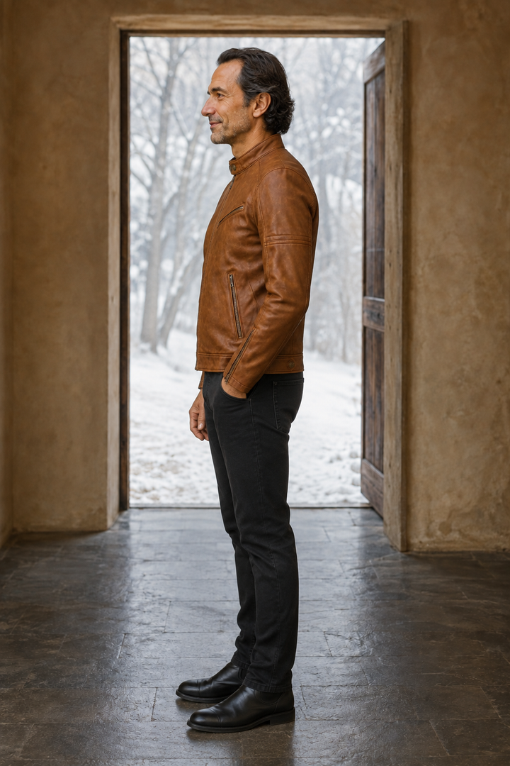 Zip Front Leather Biker Jacket - side view