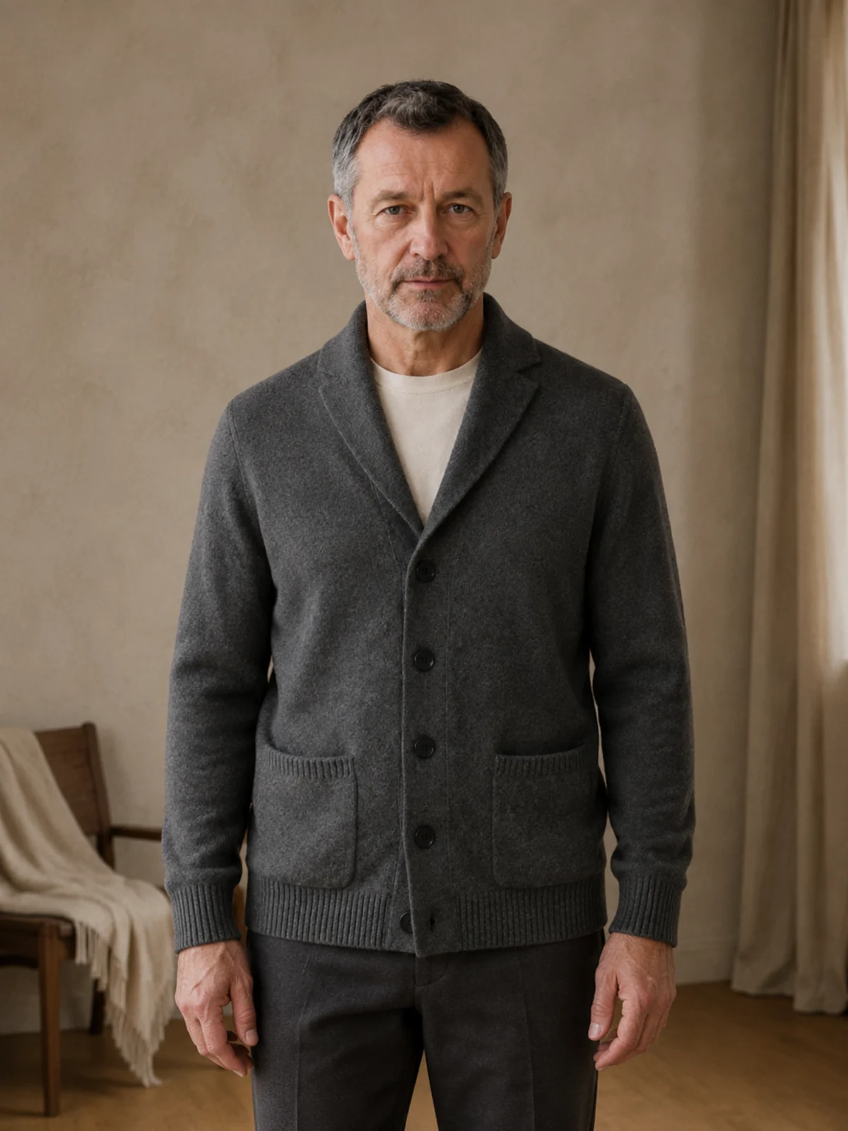 Cashmere Shawl Collar Button Cardigan - Dark Gray - front hero