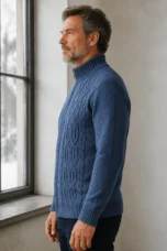Wool Cashmere Fleece Lined Cardigan - Denim Blue side view